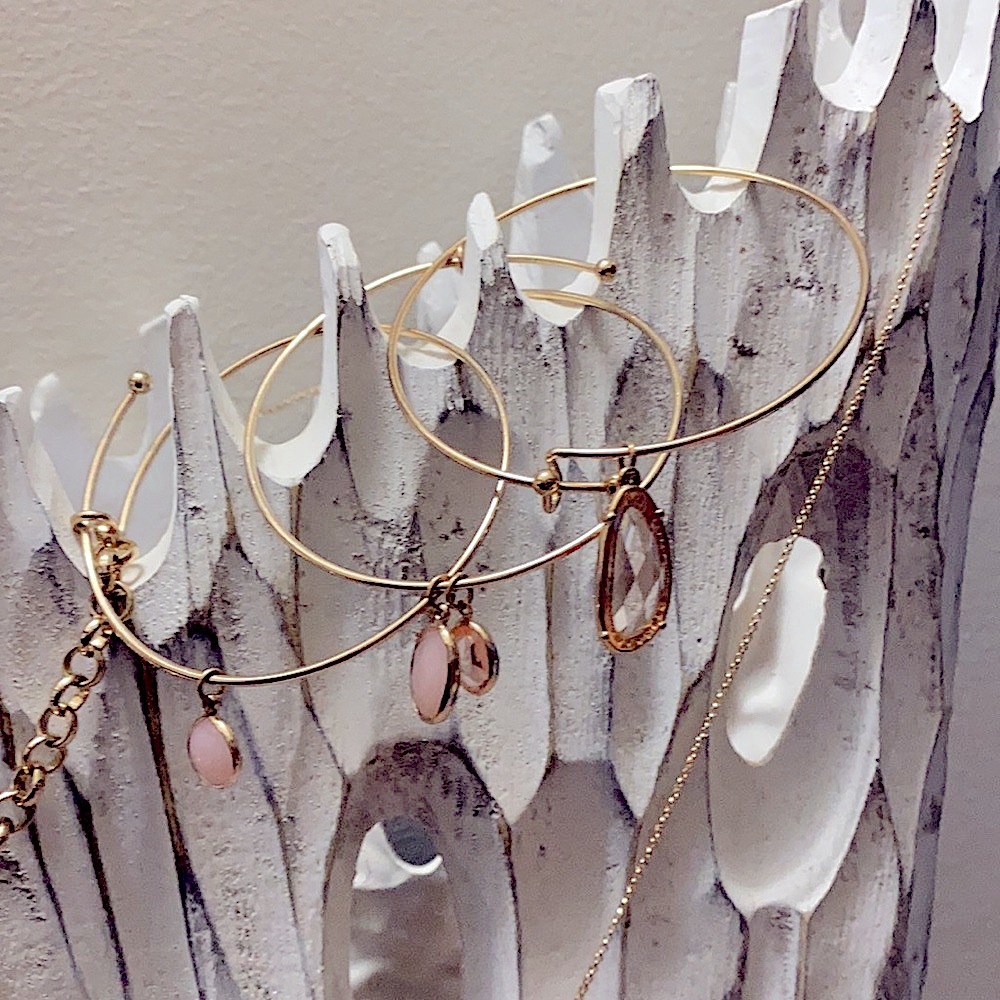 Set of 3 Bangles, 1 Pink Stone Bracelet, Matching 3 Stone Necklace, Yellow Gold - Picture 9 of 10